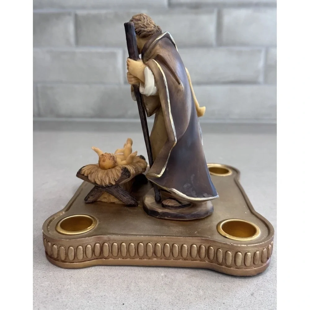 Holy Family Nativity Scene with 3 Figures and Candle Holders Gold Tone Base